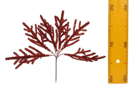 Декоративная новогодняя ветка еловая с глиттером 21см красный, золот 7599,7582