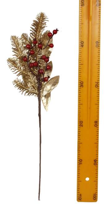 Ветка с глиттером листьями и красными ягодами 50см зототой 2445 Ветка с глиттером листьями и красными ягодами 50см зототой 2445
