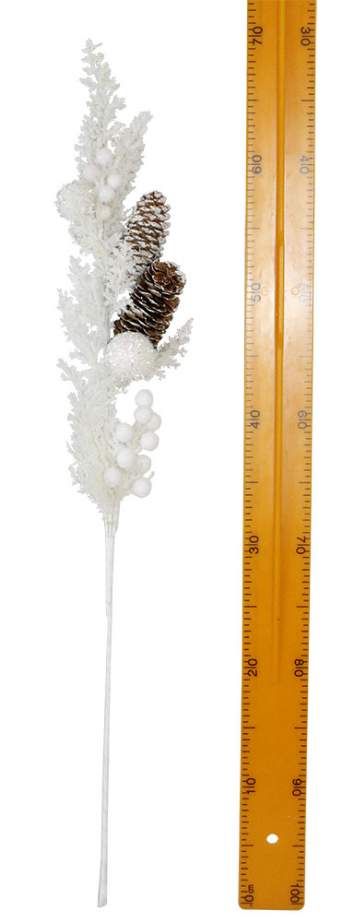 Ветка с глиттером и заснеженными шишками 70см белый2520 Ветка с глиттером и заснеженными шишками 70см белый2520