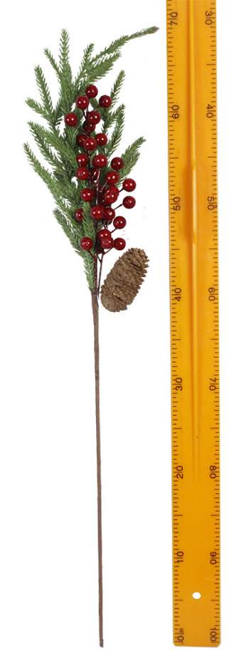 Ветка красная ягода и шишка 65см-3950