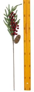 Ветка красная ягода и шишка 65см-3950
