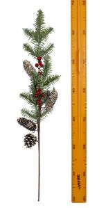 Ветка заснеженная с красными ягодами и шишками 60см 2636