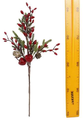 Ветка с красными ягодами, шишками и яблоками 42см 7402
